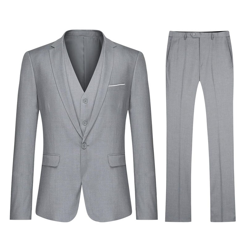 YFFUSHI Men's 3 Piece Suit Sets Slim Fit One Button Blazer with Vest & Pants, Professional Business Wedding Suits Light Grey - Image 2